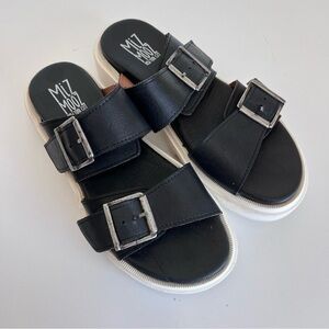 Miz Mooz Womens Peyton Leather Buckled Slide Platform Sandal Black